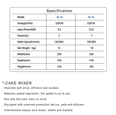 安定した商業用ケーキミキサー 0.35KW 電力 7L 容量 0.5KG / H 容量 14KG N.W